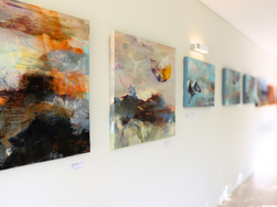 Ausgestellte Werke der Künstlerin Claudia Brasse im Galeriegang der AMEOS Einrichtungen Ratzeburg (© AMEOS).