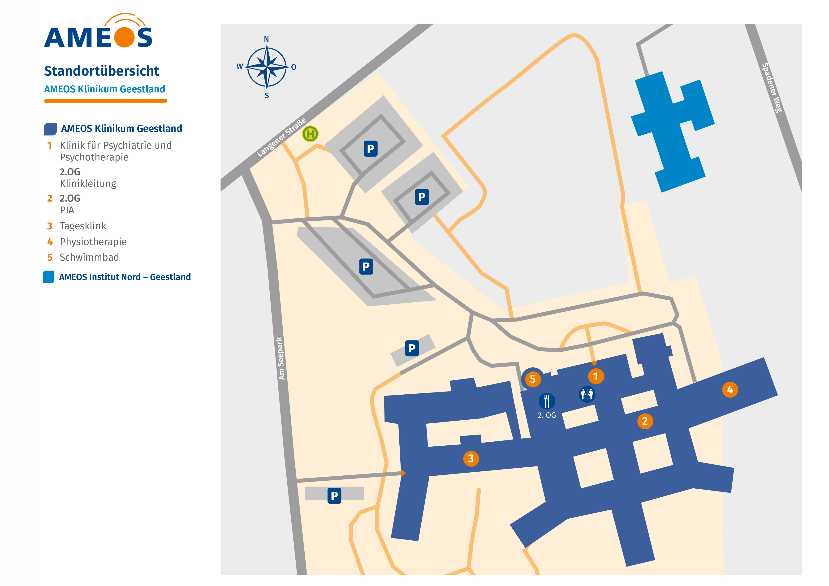 Hier ist ein Lageplan vom AMEOS Klinikum Seepark Geestland zu sehen. 